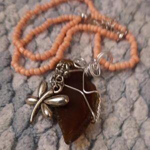 Silver and Brown Dragonfly Pendant Necklace